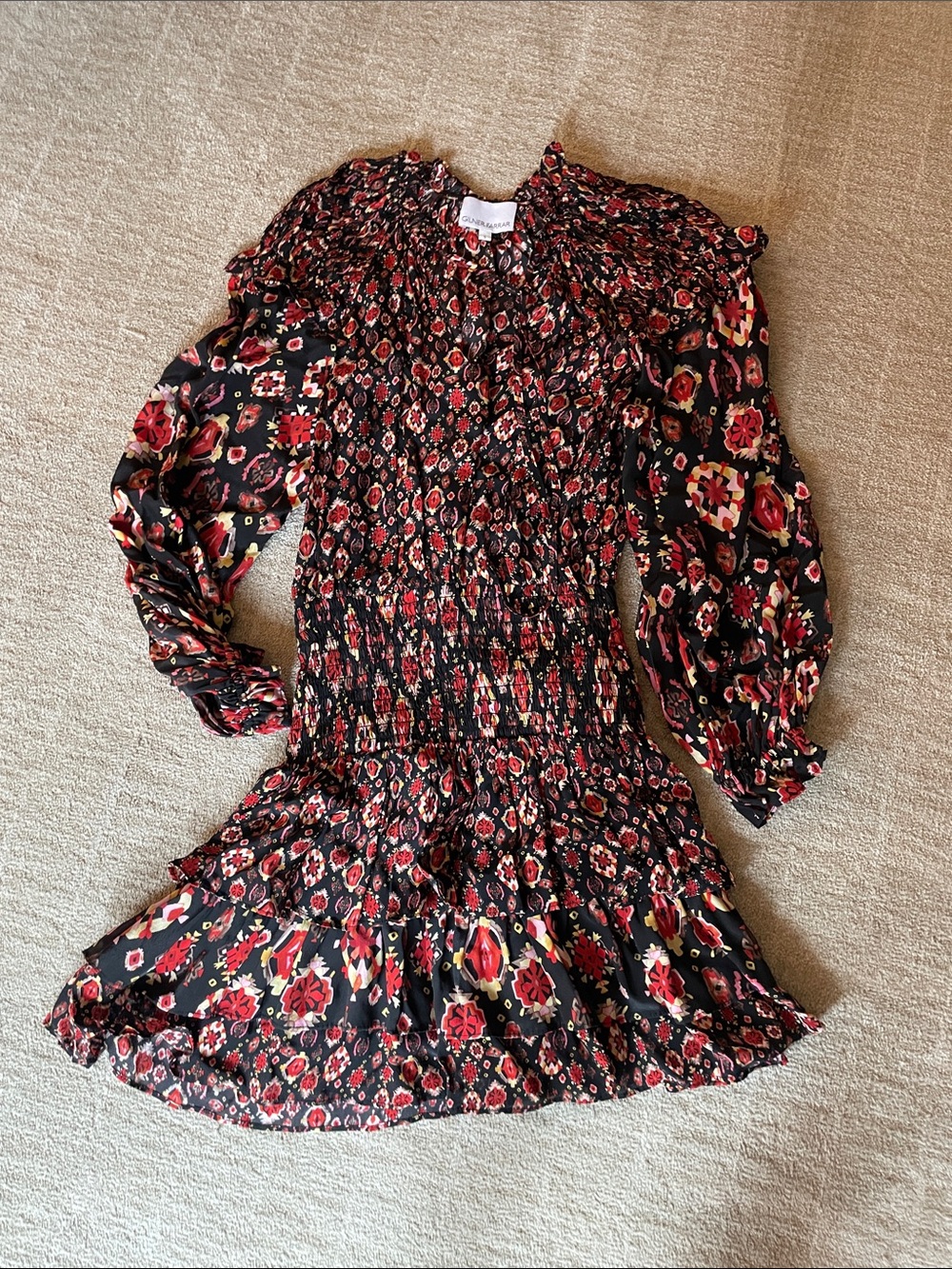 Smocked Floral Mini Dress in Black with Red Floral Print